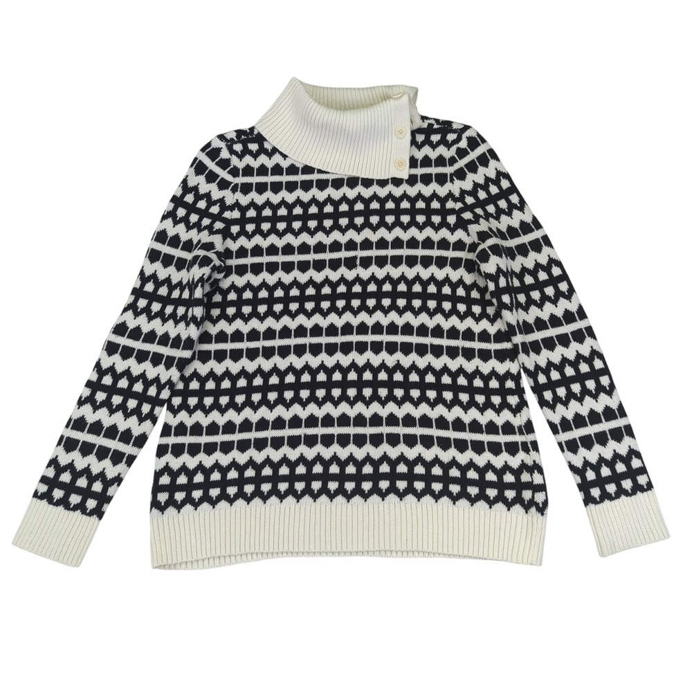 Talbots Petite Small SP Black White Fair Isle Button Funnel Neck Knit Sweater‎